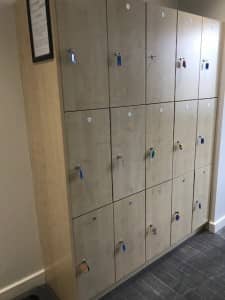 3 Door Wooden Lockers in Maple – W/Keys – 16 lockers available