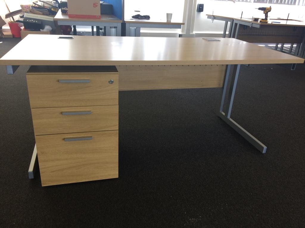 used straight desks 1600mm x 800mm oak with mobile drawer