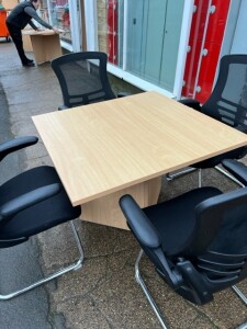 Used Beech Square Meeting Table with 4 mesh chairs